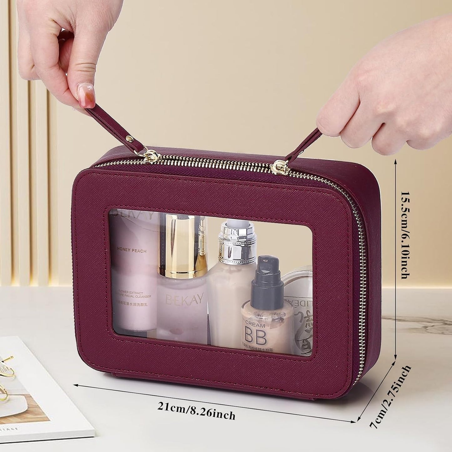 Clear Travel Makeup Bag with Brush Case Portable Transparent Cosmetic Bag and Toiletry Bag Waterproof Makeup Organizer with Zipper Car Essential for Women (Burgundy, M+Slim)