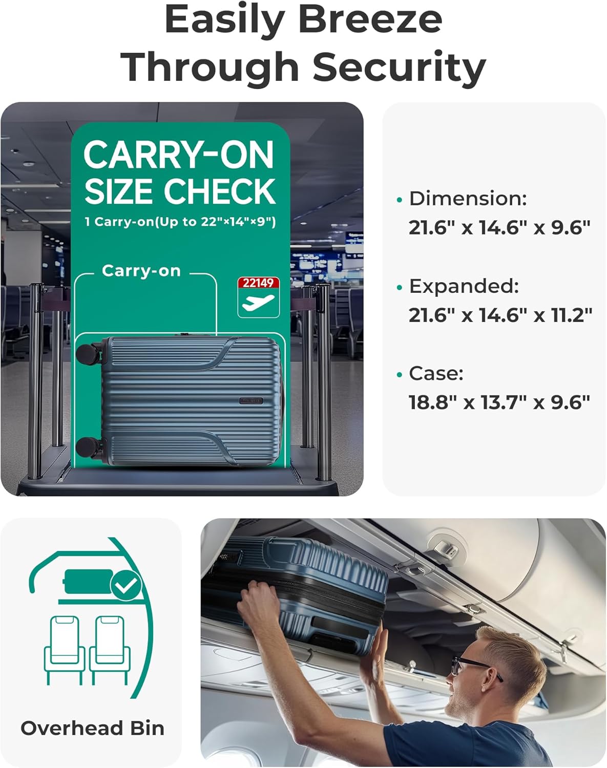 BAGSMART Carry On Luggage 22x14x9 Airline Approved, Lightweight luggage with Spinner Wheels, 20 Inch Expandable Hardside Carry On Suitcase with TSA Lock Rolling Travel suitcase Carry-On, Royal Blue