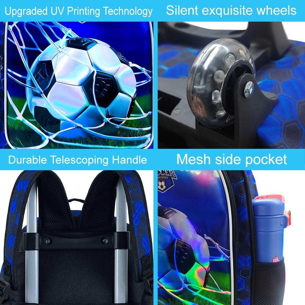 3PCS Rolling Backpack for Girls and Boys, Kids Roller Wheels Bookbag, Wheeled Elementary School Bag with Lunch Bag