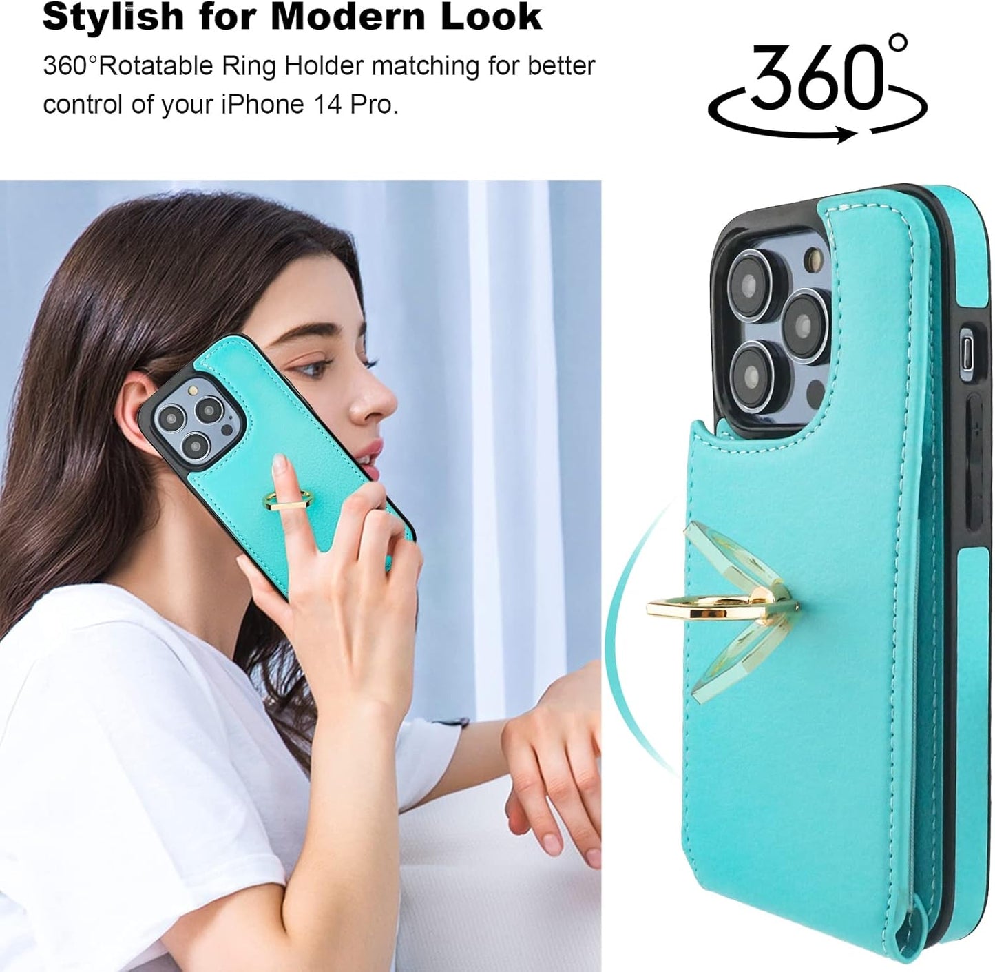 Folosu Compatible with iPhone 14 Pro Case Wallet with Card Holder, 360°Rotation Finger Ring Holder Kickstand, RFID Blocking Leather Protective Double Buttons Shockproof Cover 6.1 Inch Green