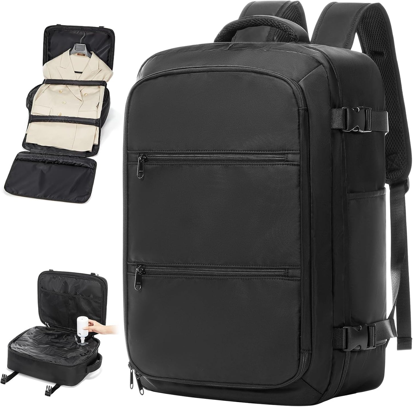 Travel Vacuum Backpack with Garment Bag, Large 18×14×8 Suit Carry on Bags Flight Approved, Personal Item Luggage with Vacuum System, Luggage Daypack Fits 16'' Laptop Travel Essentials, Black