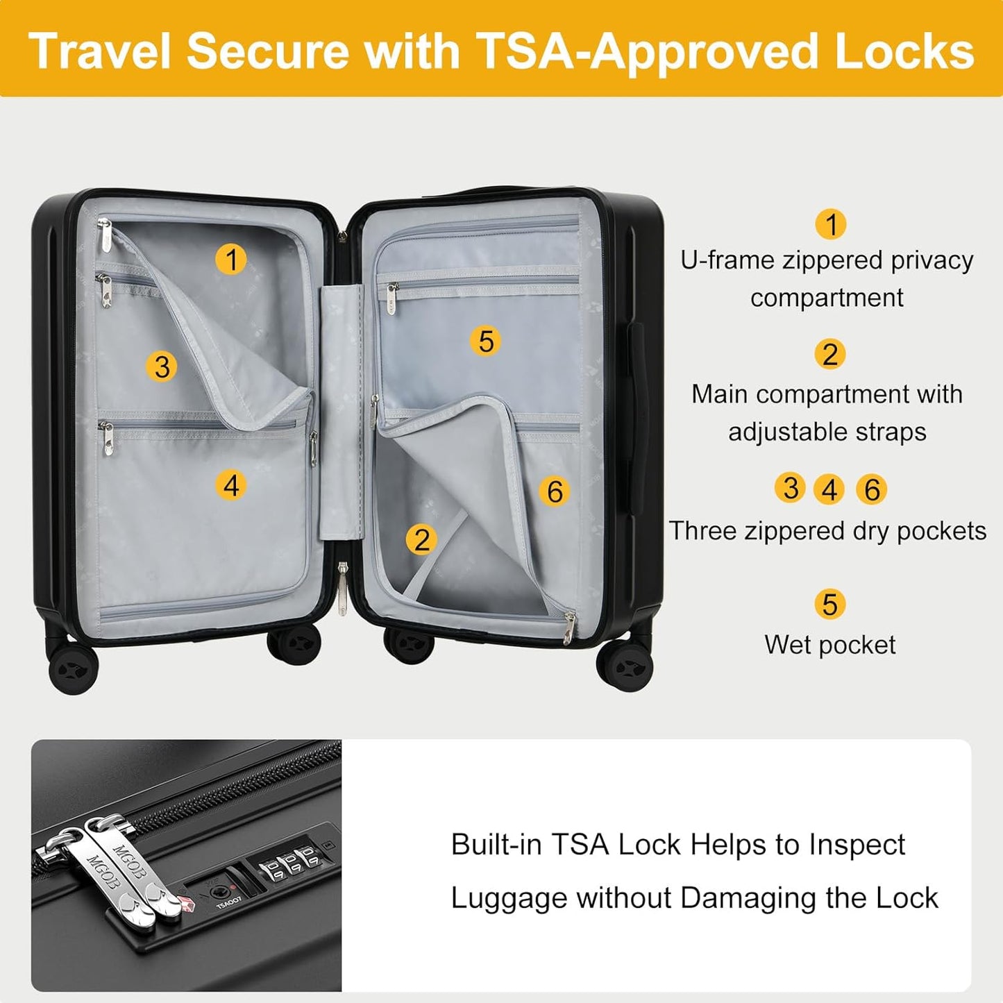 MGB Carry on Luggage 22 X 14 X 9 Airline Approved Suitcase with Wheels,20 Inch Travel Suitcase Lightweight with Spinner wheels And Hard Luggage Airline Approved with TSA Lock Carry on