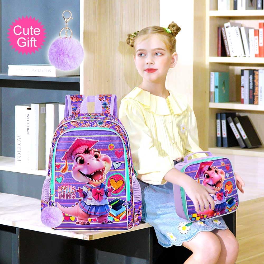 3PCS Girls Dinosaur Backpack, 16" Kids Bookbag with Lunch Box, Water Resistant Elementary Prechool