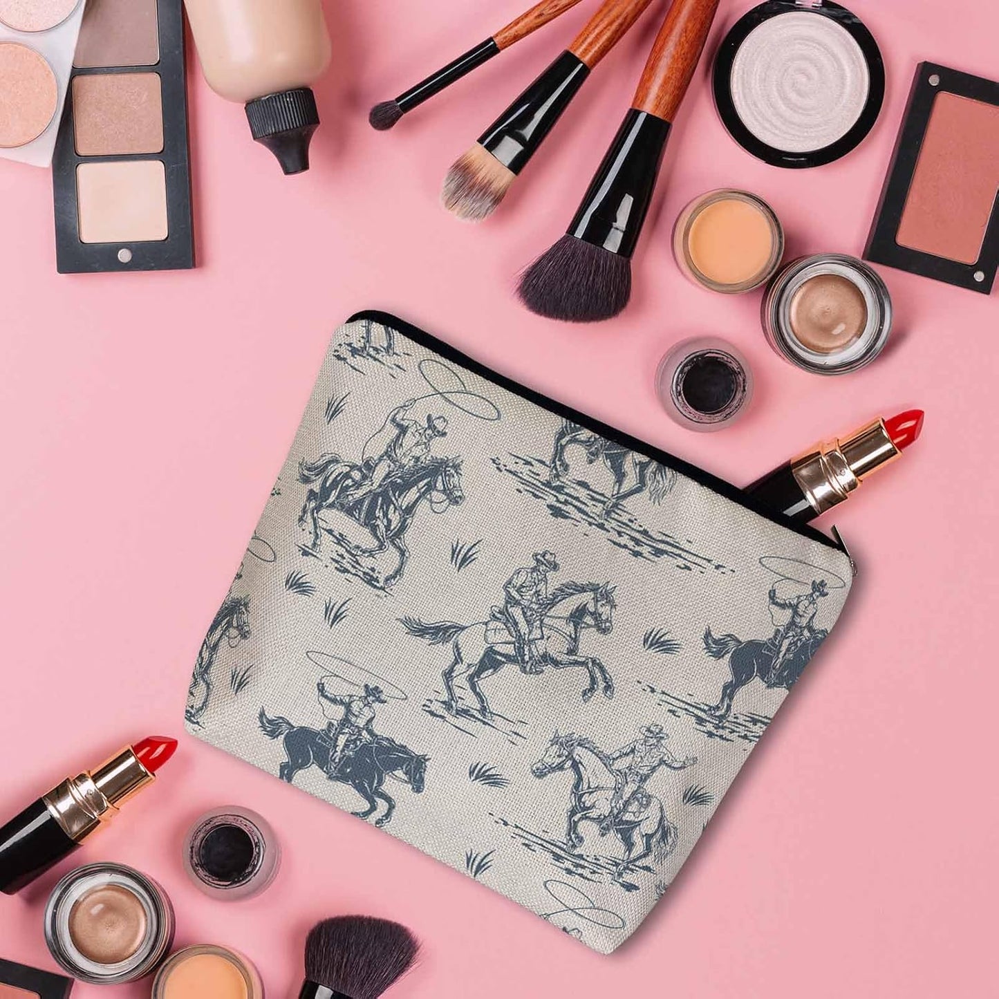 Women Cosmetic Bag Cowboy, American Western Cowboy Horse Riders Cute Makeup Bag For Purse Cosmetic Travel Bag For Toiletries Makeup Storage Bag Flax Skincare Bag Make Up Pouch Bags