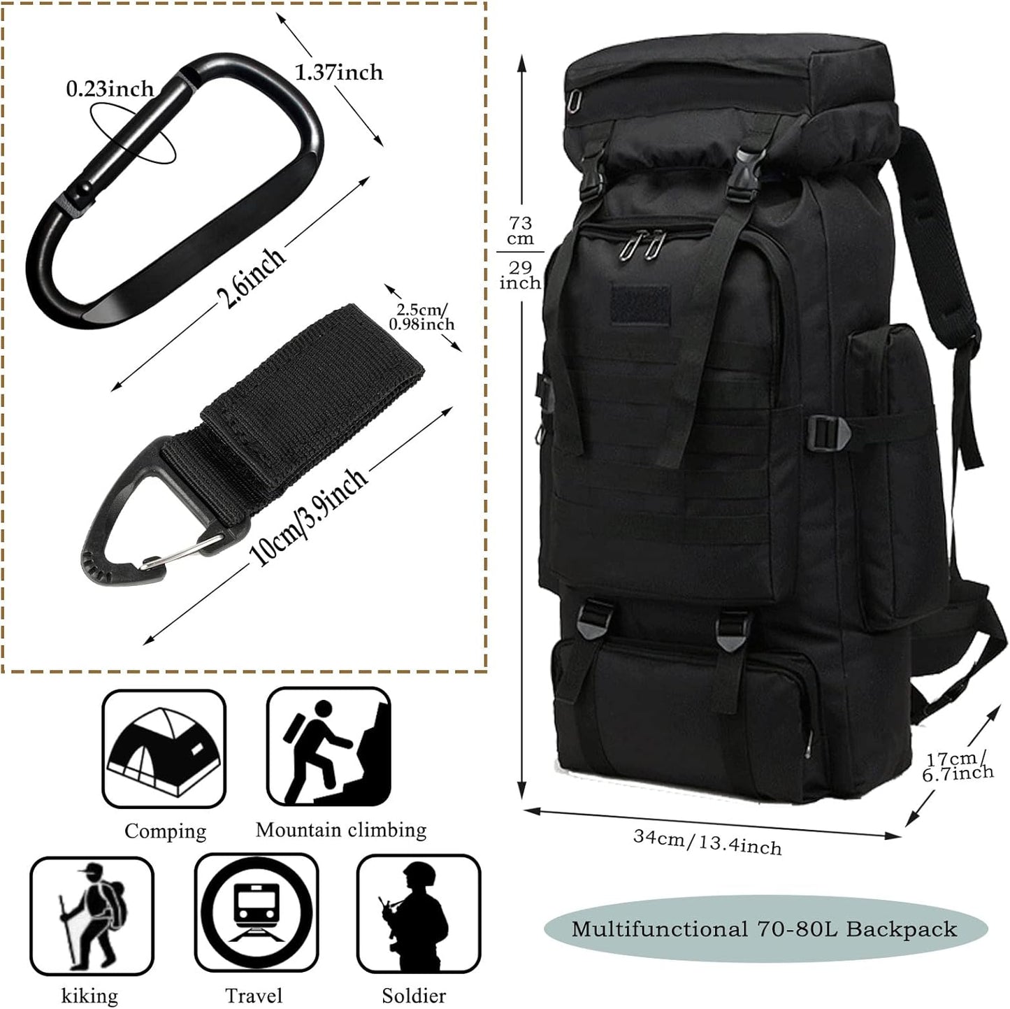 70L Hiking Backpack for Men, Waterproof Lightweight Camping Backpack, Military Rucksack with Molle, 3-Day Assault Pack for Travel, Climbing, Outdoor Sports(Black)
