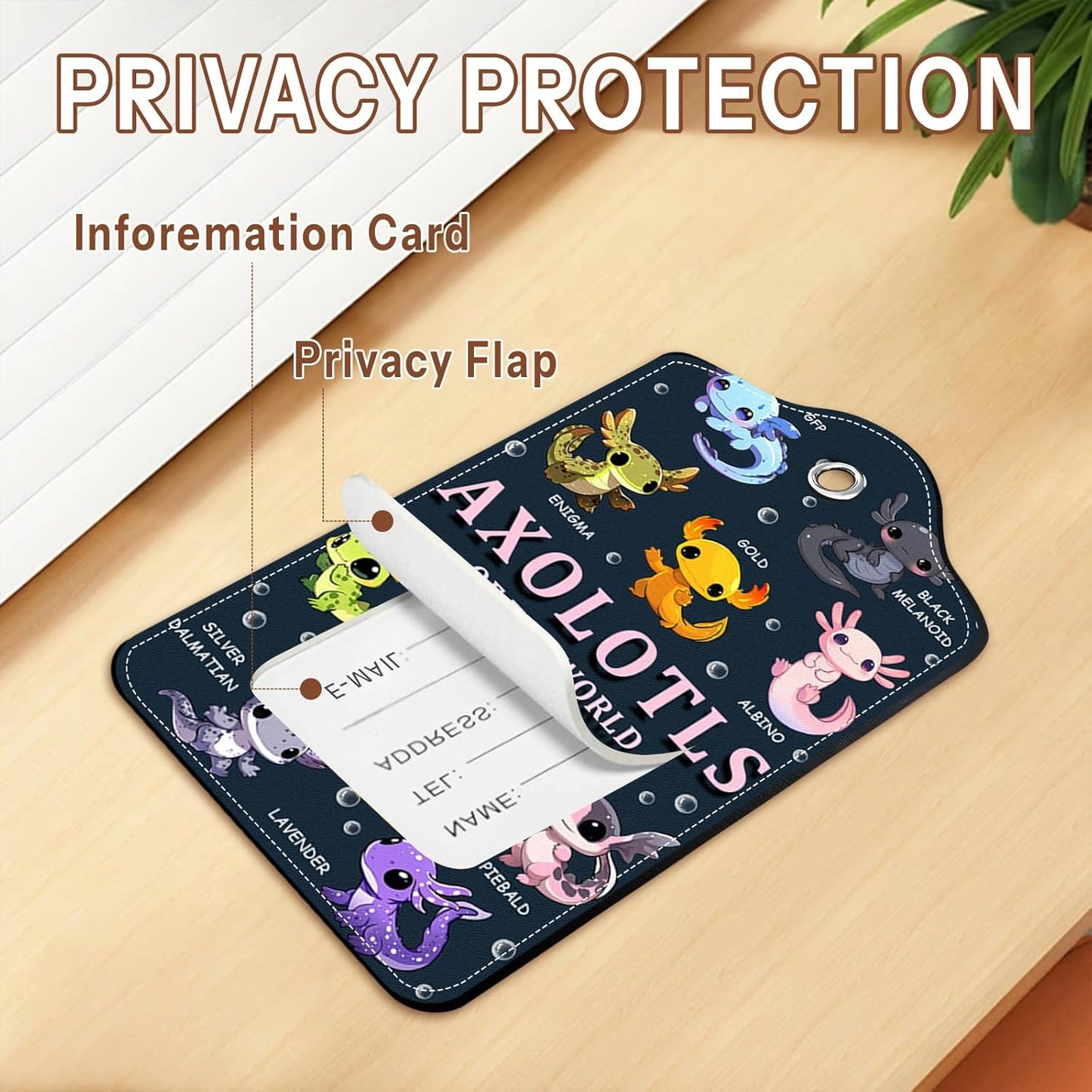 2 Pcs Axolotl Luggage Tags for Suitcase, Leather Luggage Tags Cute, Privacy Cover ID Label with Stainless Steel Loop & Address Card, Axolotl Travel Bag Tag Luggage Accessories for Suitcases