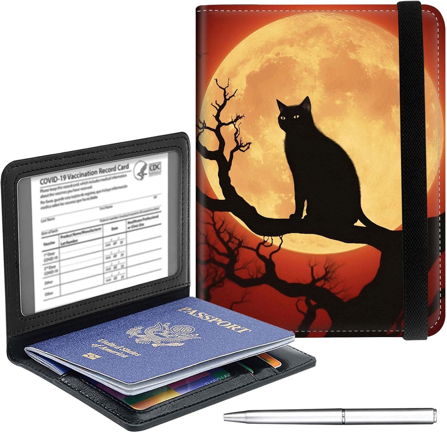Passport Holder Cover Wallet Travel Essentials RFID Blocking Case Leather Passport Cover Wallet Vaccine Card Slot Organizer for Men Women, Cat moonlight