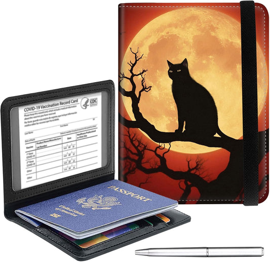 Passport Holder Cover Wallet Travel Essentials RFID Blocking Case Leather Passport Cover Wallet Vaccine Card Slot Organizer for Men Women, Cat moonlight