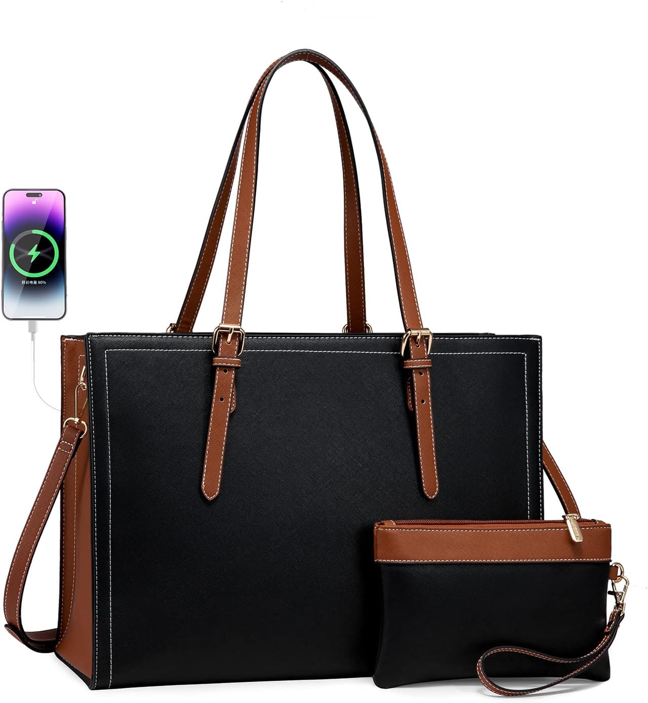 LOVEVOOK Laptop Tote Bag for Women, 15.6 inch Computer Tote Work Bag Purse, Large Waterproof Leather Professional Briefcase for Office, Work Travel