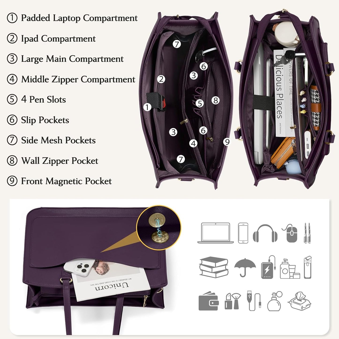 RAINSMORE Laptop Bag for Women 15.6 Inch Work Tote Bags Leather Laptop Tote Waterproof Computer Bag Professional Office Business Briefcase Large Handbag for College Teacher Travel, Purple