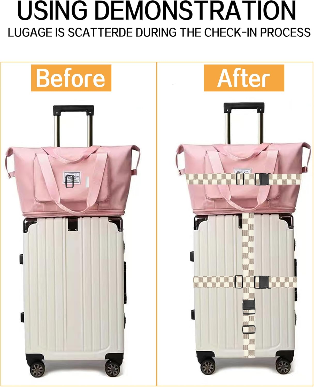 Luggage Straps for Suitcases, Adjustable Travel Belt, Durable Wide Luggage Strap, Cute Suitcase Strap Identifiers with Buckle, Bag Straps for Luggage, Brown White Plaid