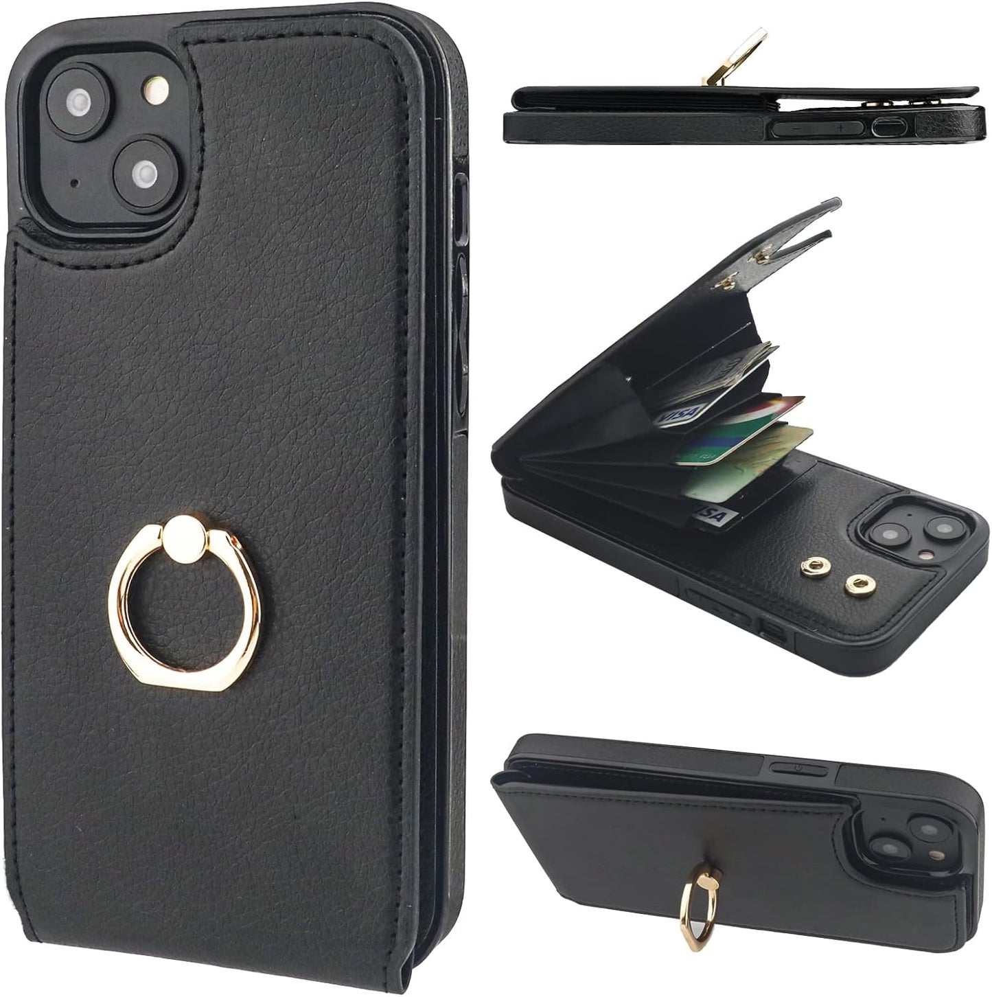 Folosu Compatible with iPhone 14 Plus Case Wallet with Card Holder, 360°Rotation Finger Ring Holder Kickstand, RFID Blocking Leather Protective Double Buttons Shockproof Cover 6.7 Inch Black