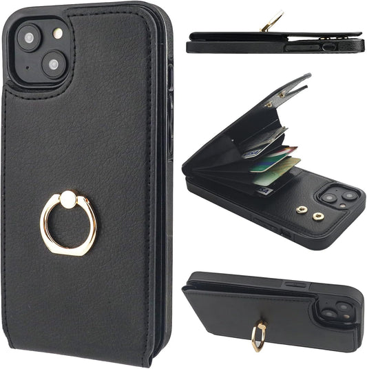 Folosu Compatible with iPhone 14 Plus Case Wallet with Card Holder, 360°Rotation Finger Ring Holder Kickstand, RFID Blocking Leather Protective Double Buttons Shockproof Cover 6.7 Inch Black