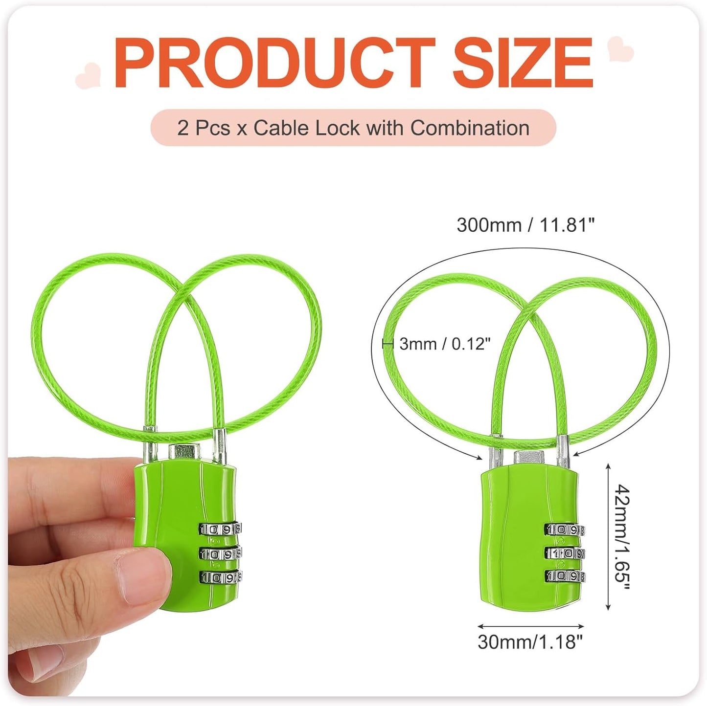 MECCANIXITY 2 Pcs Luggage Travel Lock, 3 Digit Cable Combination Lock 1-3/16" Width Body with 12" Long Cable for Suitcase Bag Cabinets Small Fences Gym, Green