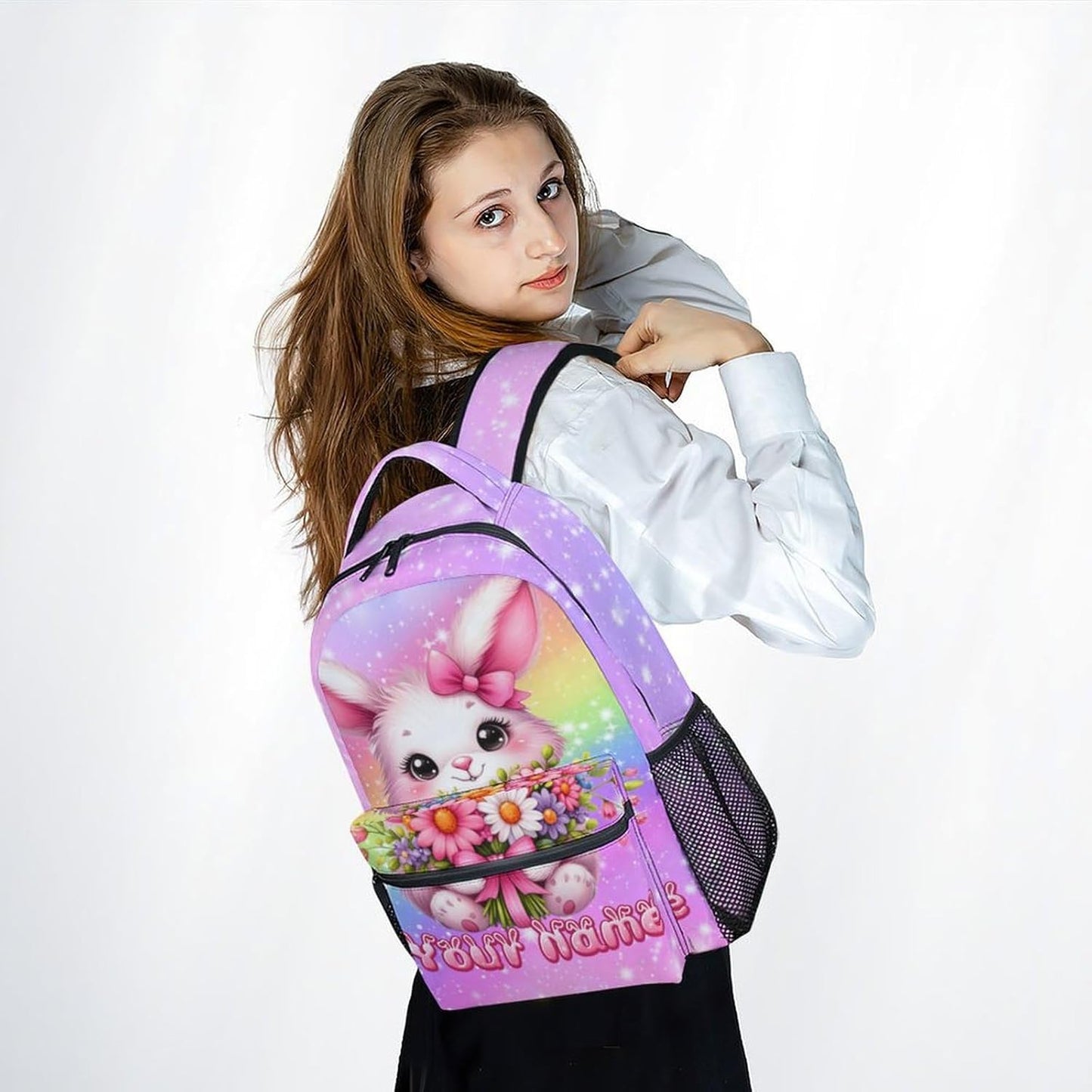 Kids Backpacks for Girls, Personalized Bunny Backpack for School, 17" Cute Rainbow Bookbag for Preschool Kindergarte Elementary, Custom Name School Bag