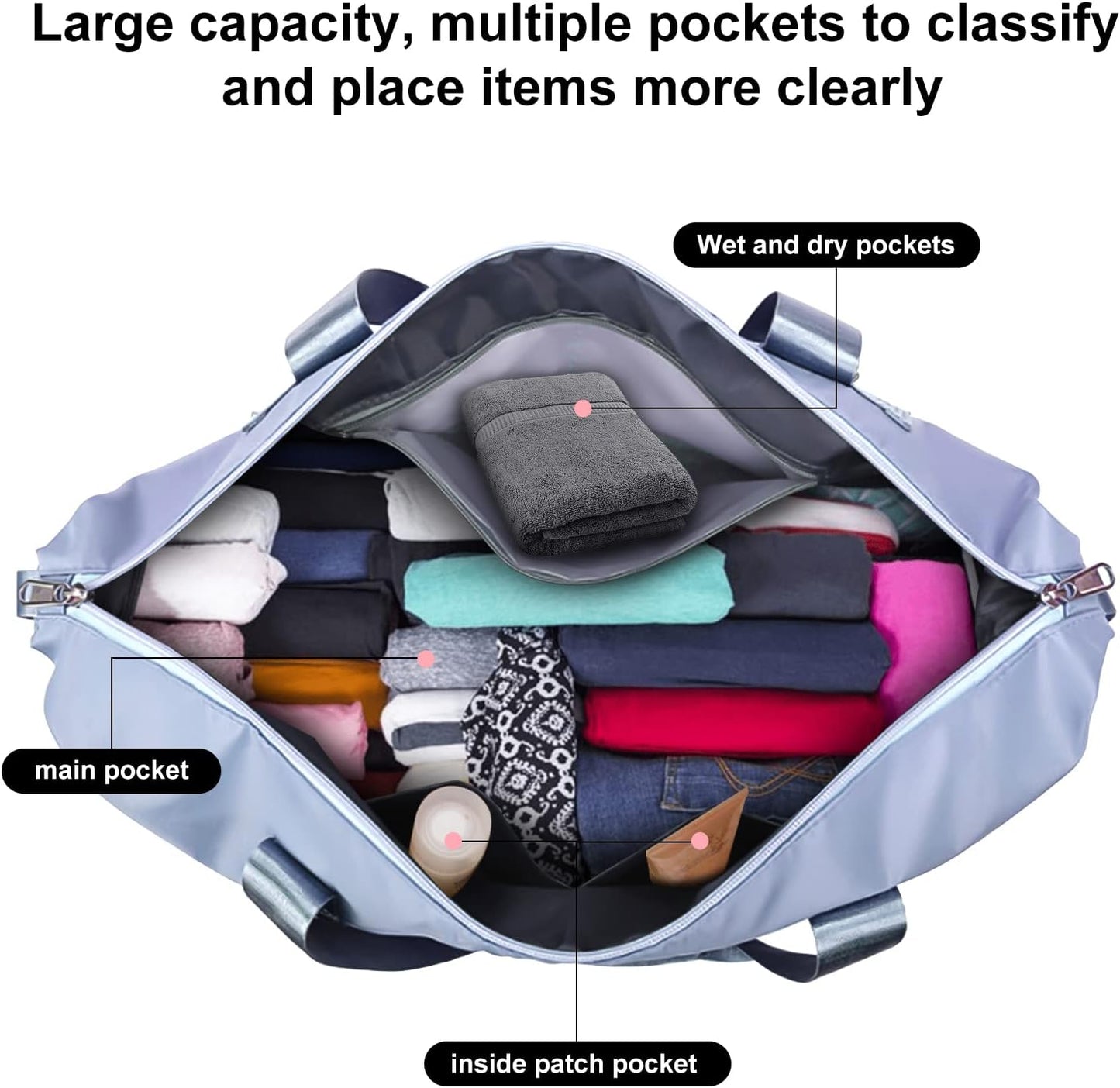 Large Capacity Folding Travel Tote Bag, Oxford Fabric Waterproof Lightweight Foldable Travel Duffel Bag, Portable Expandable Travel Bag, Dry and Wet Separation Carry On Bag for Airplanes (Blue-2)