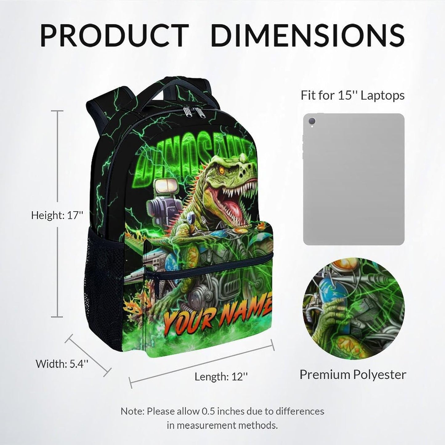 Personalized Boys Backpack, Dinosaur Backpacks for Kids, 17 Inch Custom Toddler School Bag with Name, Motorcycle Bookbags for Elementary