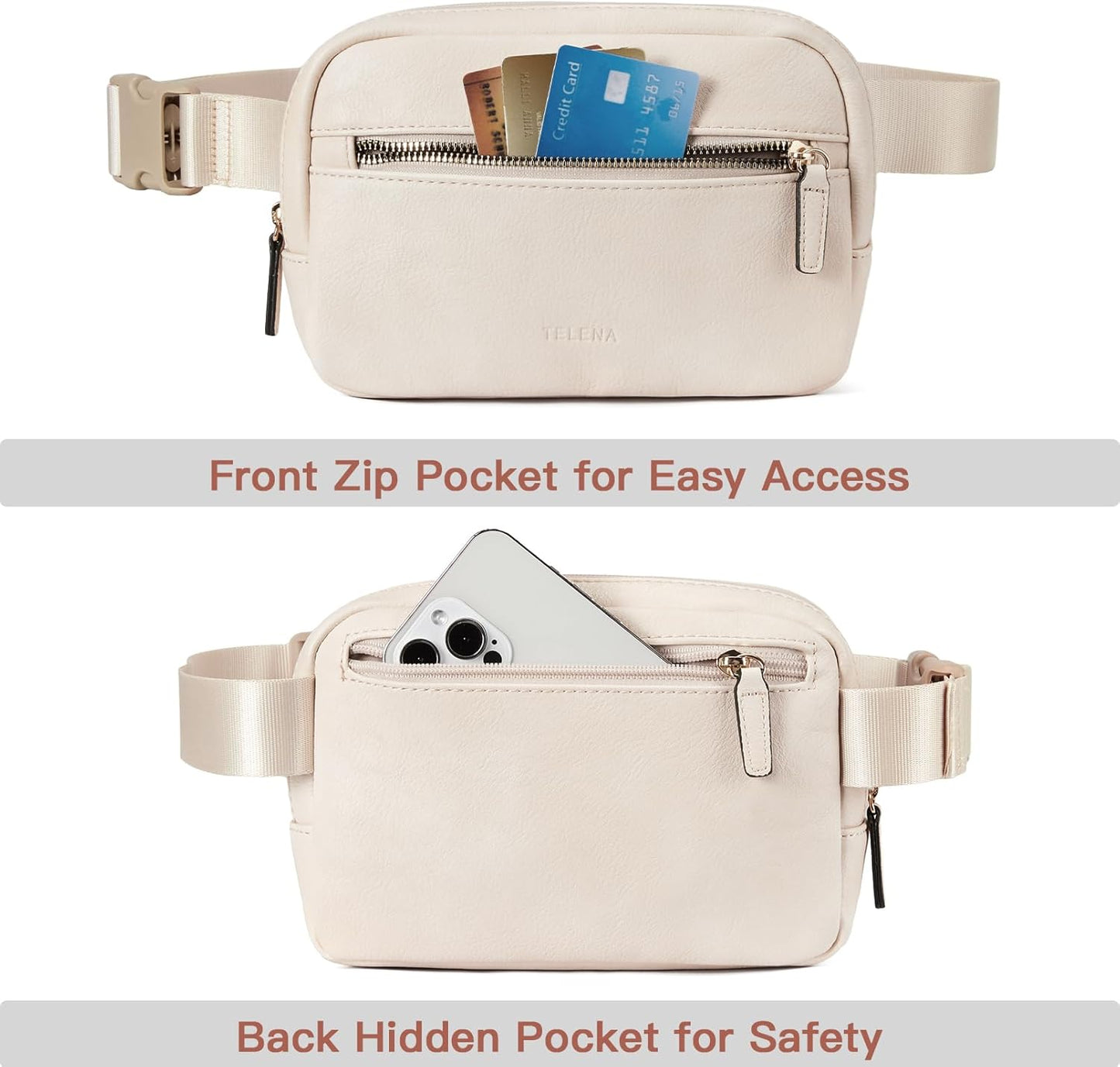 Telena Belt Bag for Women PU Leather Fanny Pack Crossbody Waist Bags with Adjustable Strap Nude