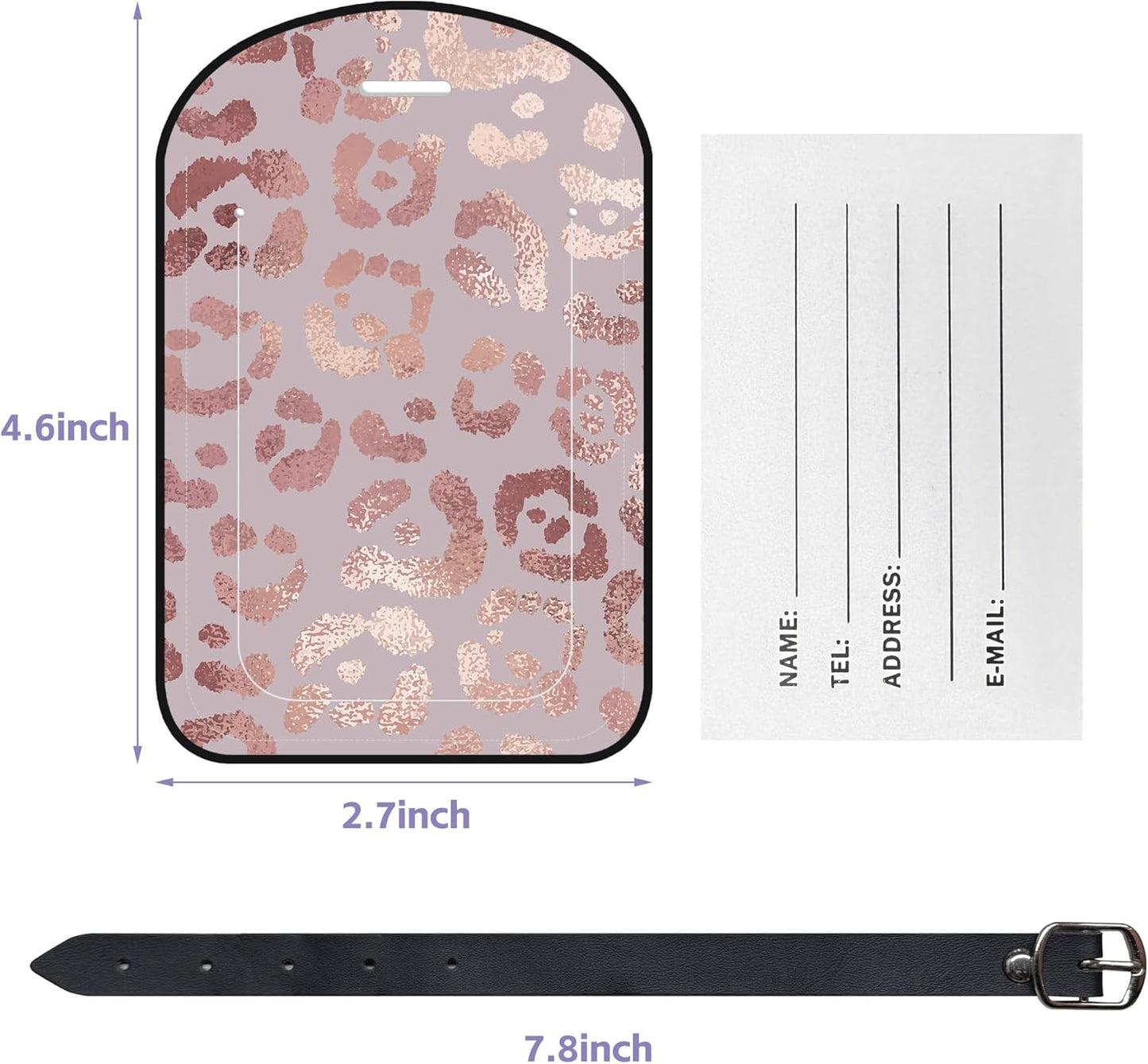 2 Pack Luggage Tags Rose Gold Leopard PU Leather Baggage Handbag Suitcase Tags with Secure Strap Privacy Cover ID Labels,Business Travel Baggage Tag Identifier