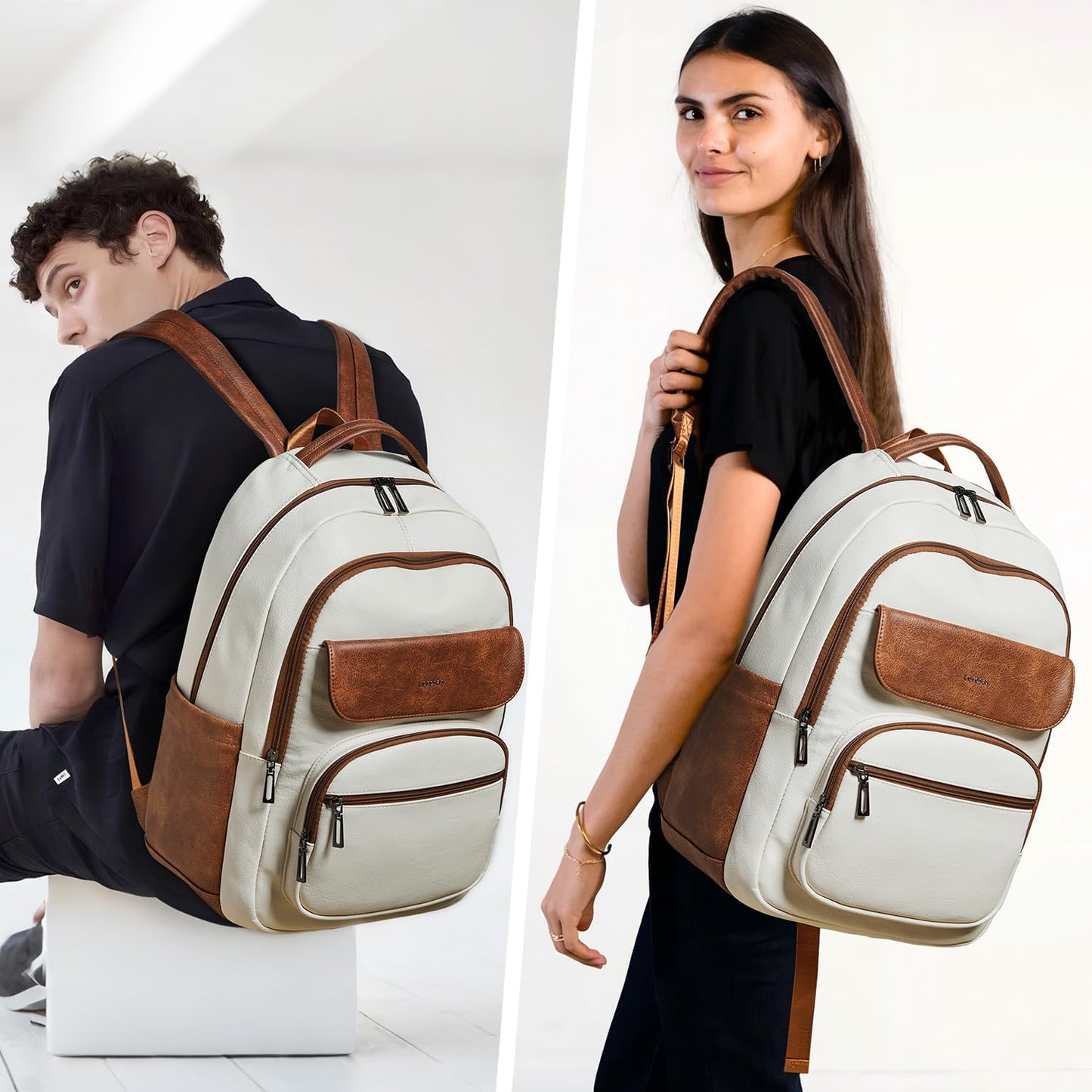 37L Backpack Purse for Women Men for Work Travel Back Pack Purses Vegan Leather Laptop College Daypack Shoulder Bag Beige