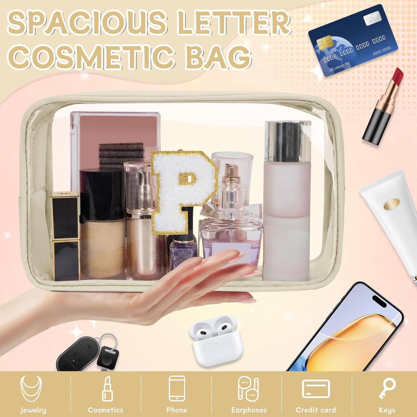 Personalized Initial Clear Makeup Bag, Travel Chenille Patch Cosmetic Bag, Preppy Toiletry Bag Monogram Cosmetic Pouch with Zipper, Ideal Gift for Teen Girls Women (Clear-Beige, P)