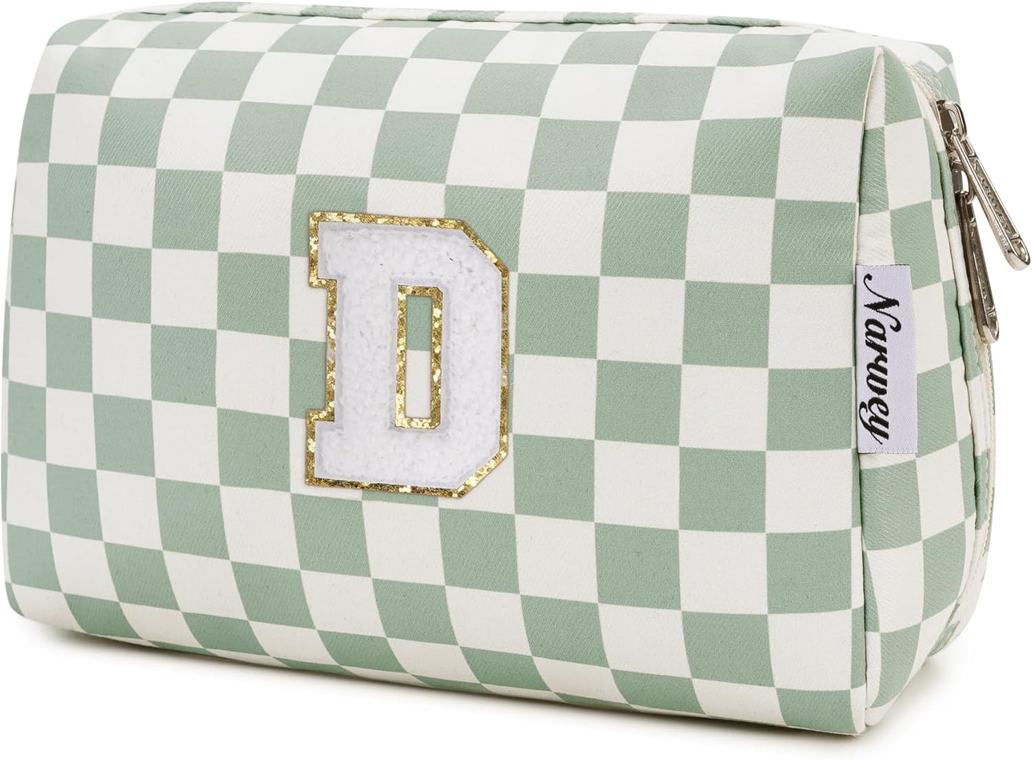Narwey Birthday Gifts for Teen Girls Women Personalized Initial Checkered Makeup Bag Preppy Cosmetic Bag Trendy Stuff 6 8 10 11 12 13 14 16 18 Years Old Travel Toiletry Bag (Green Letter D)