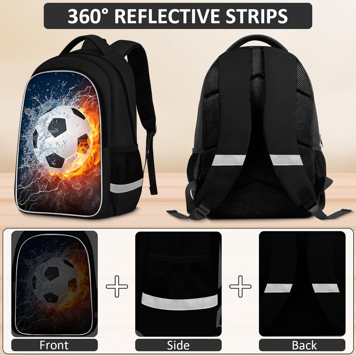 School Backpack for Boys - 4pcs Soccer Boys Backpack with Lunch Box and Pencil Case for Kids Children Teens Elementary Middle School - Students Bag for Ages 6-18,17″Bookbag Travel Back Pack