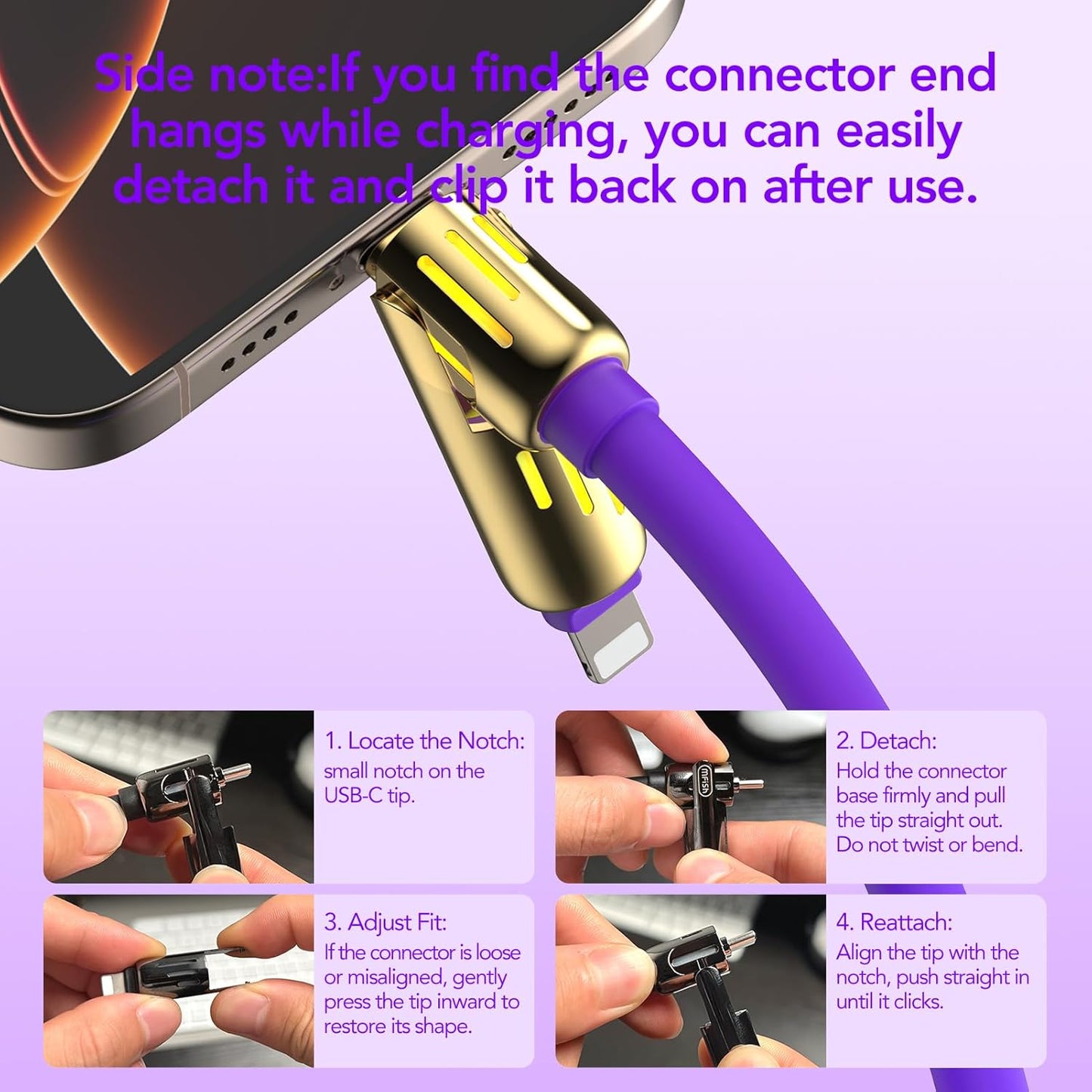 MFish 4-in-1 Universal USB Charging Cable with Carrying Case – 240W Max Fast Charger Cord, USB-A, Dual USB-C & Lighting, for iPhone 14/15/16/17 Series, iPad & MacBook and More (Purple Gold, 6.6Ft)
