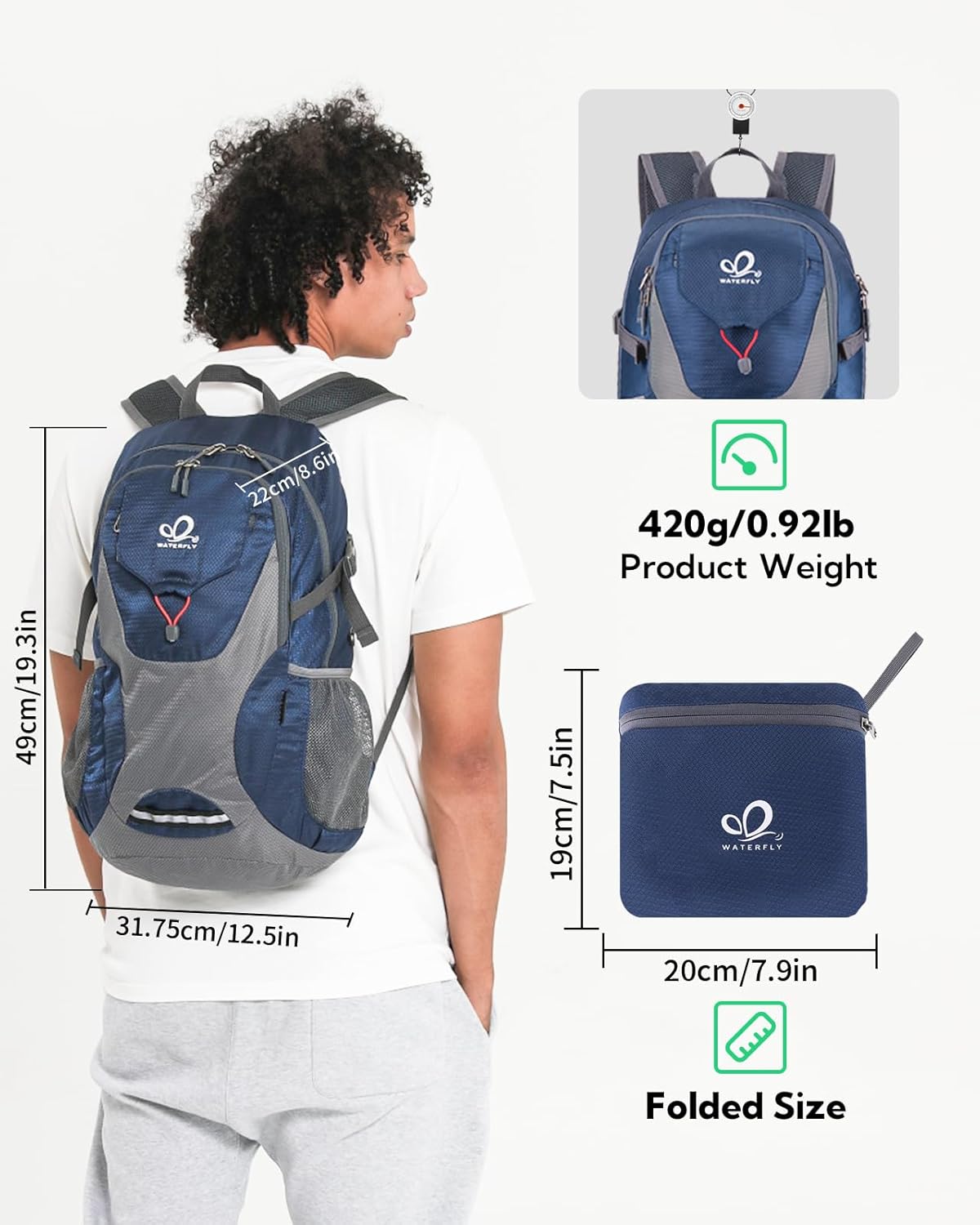 WATERFLY Lightweight Packable Hiking Backpack: 30L Foldable Travel Daypack Ultralight Camping Day Pack for Woman Man