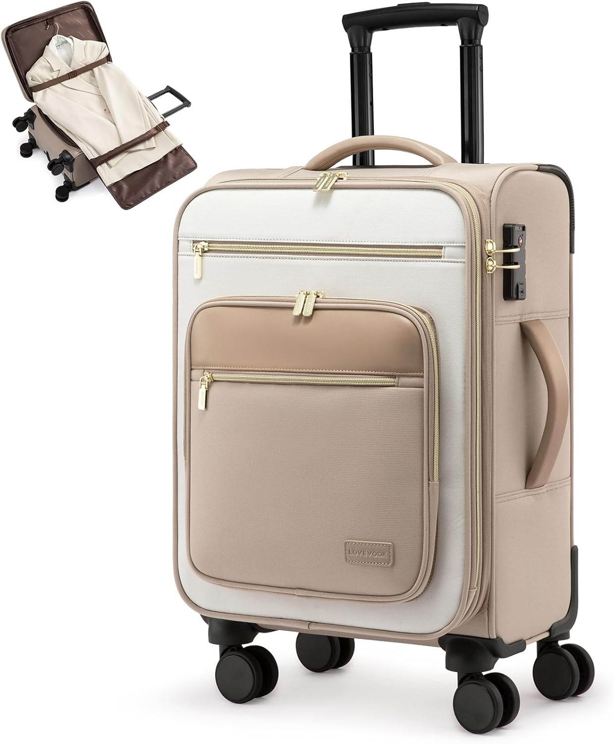 LOVEVOOK Carry on Suitcase 22x14x9 Airline Approved,20 inch Lightweight Waterproof Suitcases with 360° silent swivel wheels, TSA Lock and Compartment, Large Capacity travel Suitcase Beige khaki