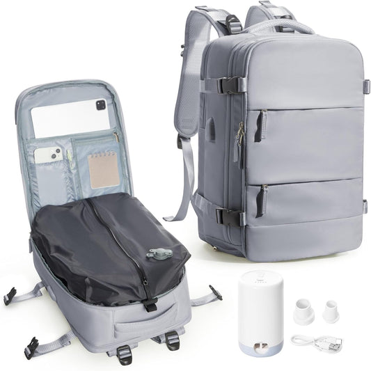 Vacuum Backpack Travel,Travel Backpack with Vacuum System,Vacuum Seal Compression Backpack with Pump for Travel,Flight Approved 18x14x8 inches Laptop Bag,Grey