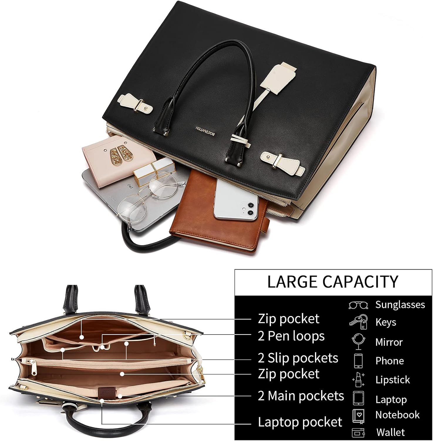 BOSTANTEN Briefcase for Women 15.6 Inch Genuine Leather Laptop Briefcase Shoulder Work Tote Bag