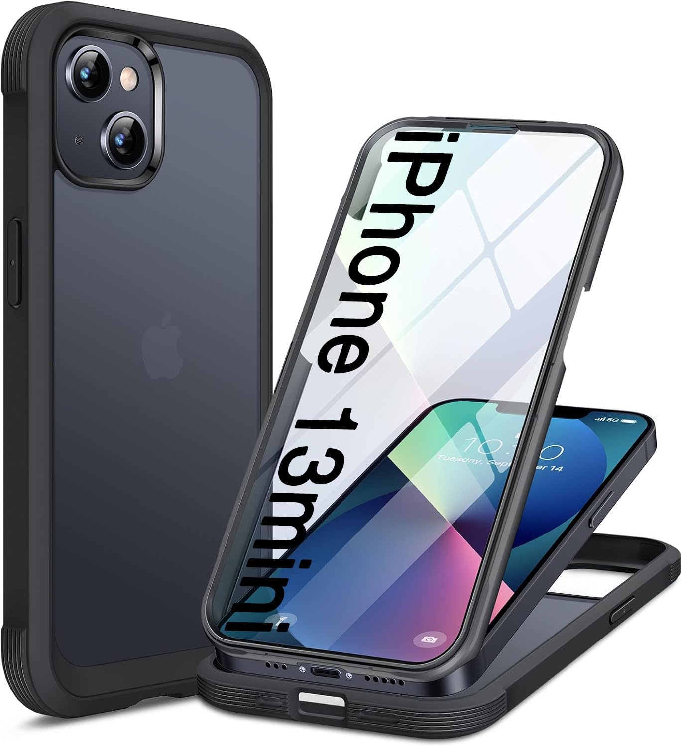 Miracase Compatible with iPhone 13 Mini case 5.4 inch, 2023 Upgrade Full-Body Glass Clear Case Bumper Case with Built-in 9H Tempered Glass Screen Protector for iPhone 13 Mini,Matte Black