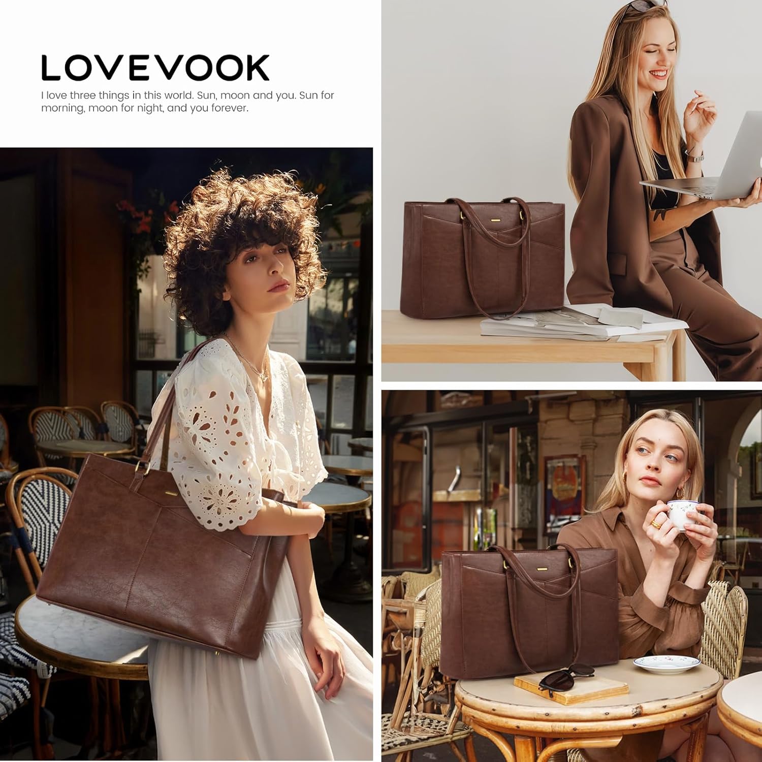 LOVEVOOK Vintage Leather Work Tote - 15.6 Inch Laptop Bag for Women, Waterproof Business Bag &
