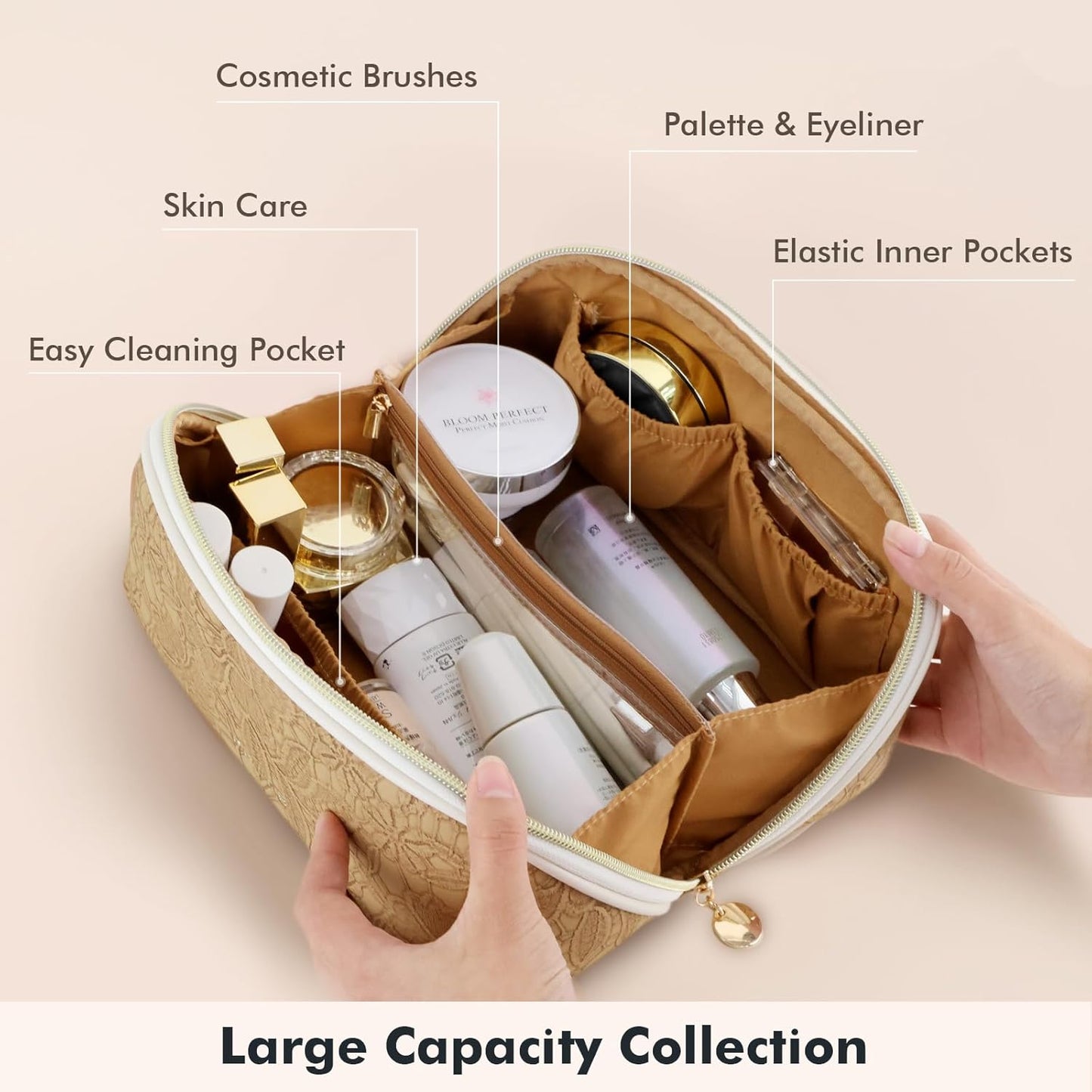 Prite Travel Cosmetic Bag Makeup Organizer Bag For Women Large Capacity Waterproof PU Leather Toiletry Bag with Handle and Clear Divider(Brown Flower)