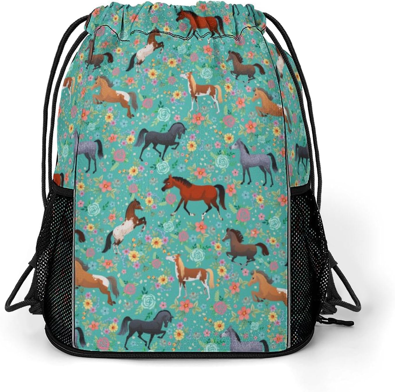 Horse Flower Drawstring Backpack Gym Bag With Shoe Compartment String Bag Sport Beach Swimming