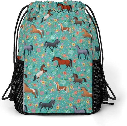 Horse Flower Drawstring Backpack Gym Bag With Shoe Compartment String Bag Sport Beach Swimming Sackpack For Women Men