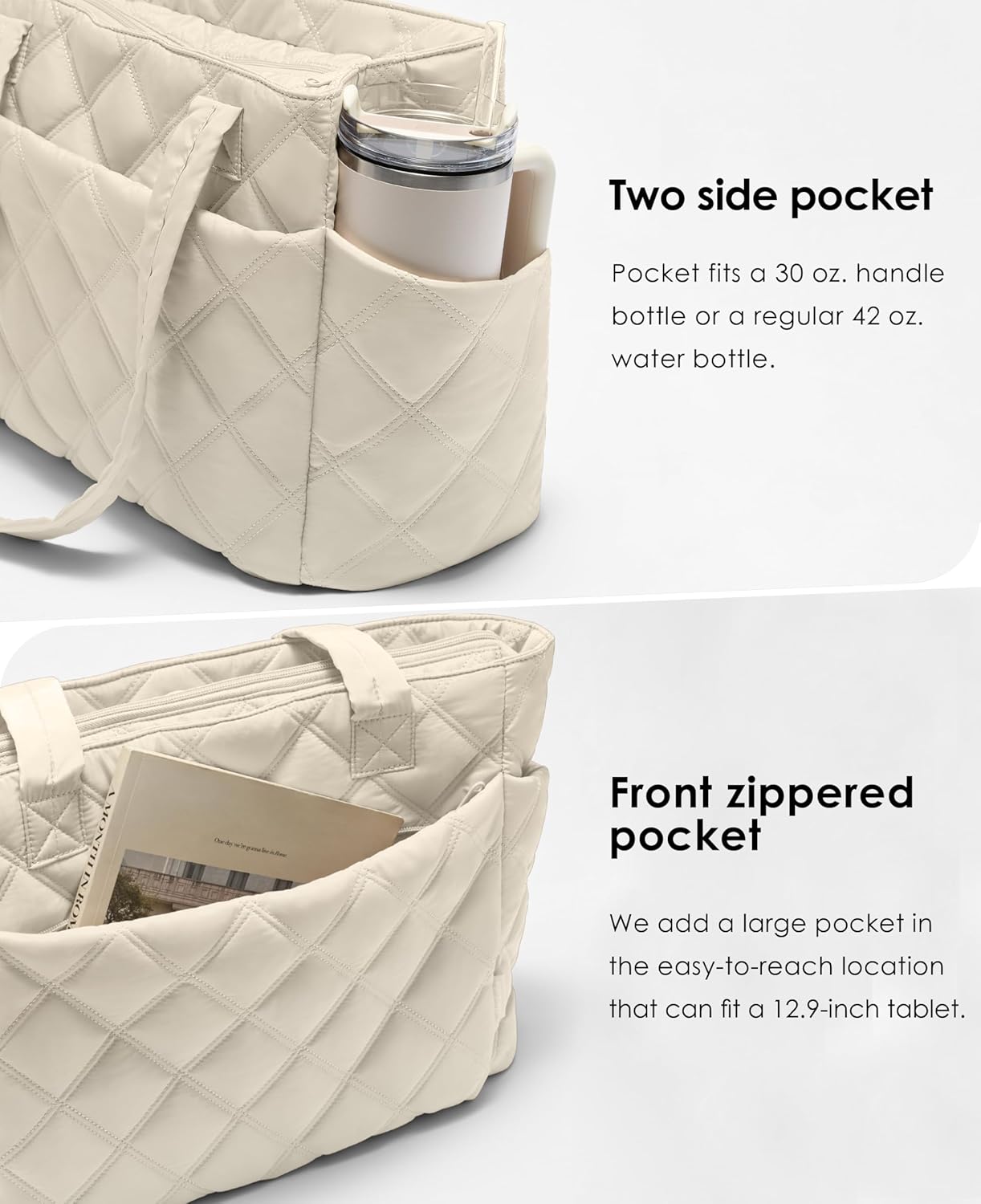 Tote Bag for Women, Lightweight Puffer Tote Work Bags with Compartments for Travel, Quilted Shoulder Bag with Zipper
