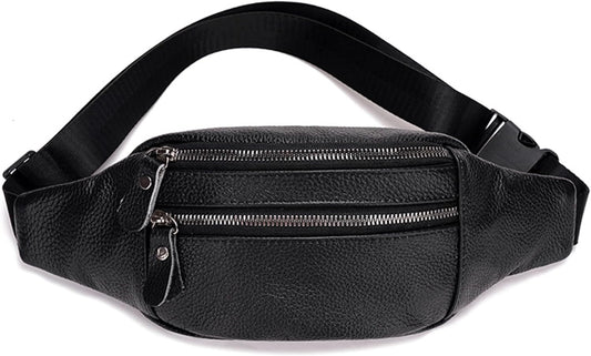 Genuine Leather Waist Bag, Outdoor Travel Waist Pack, Cowhide Leather Fanny Pack with Adjustable Strap, Suitable for Travelling, Outdoor Hiking, Cycling, Running - Black & Small
