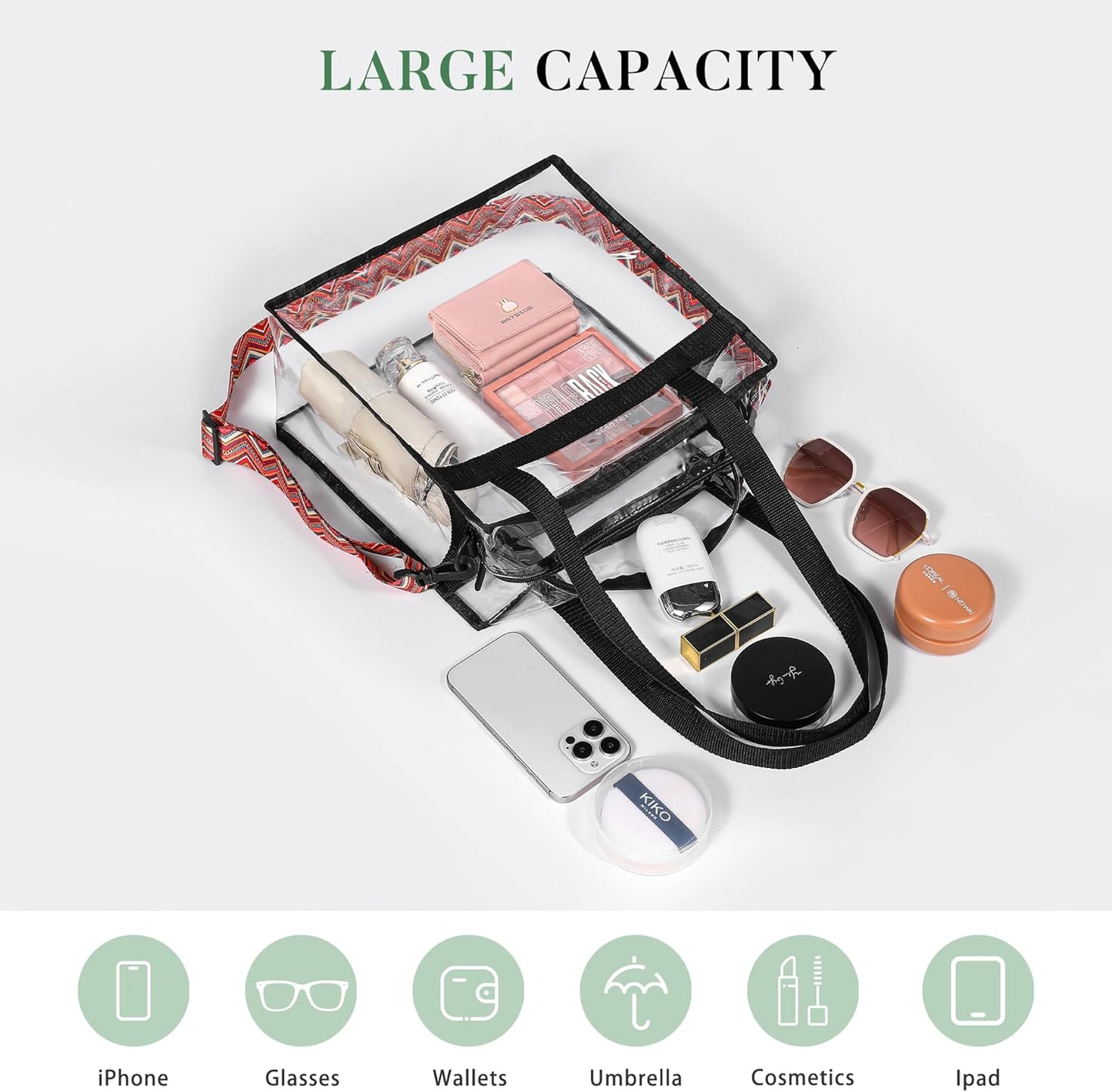 BAGAIL Clear Bags 12x6x12 Stadium Approved Clear Tote Bag with Zipper Closure Crossbody Shoulder Bag with Adjustable Strap