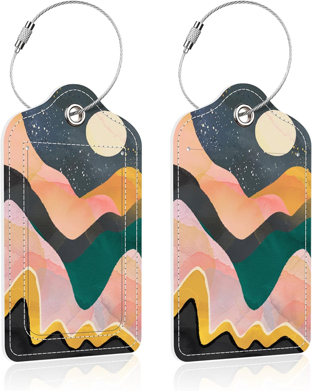 2 Pack Luggage Tag for Suitcase,Abstract Gold Mountain PU Leather Suitcase Tags Identifiers with Privacy Name Address Labels and Steel Loop for Women Men Travel