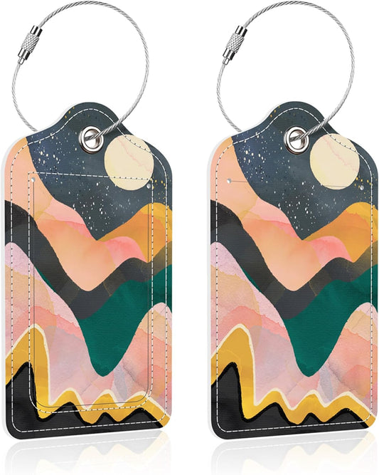2 Pack Luggage Tag for Suitcase,Abstract Gold Mountain PU Leather Suitcase Tags Identifiers with Privacy Name Address Labels and Steel Loop for Women Men Travel