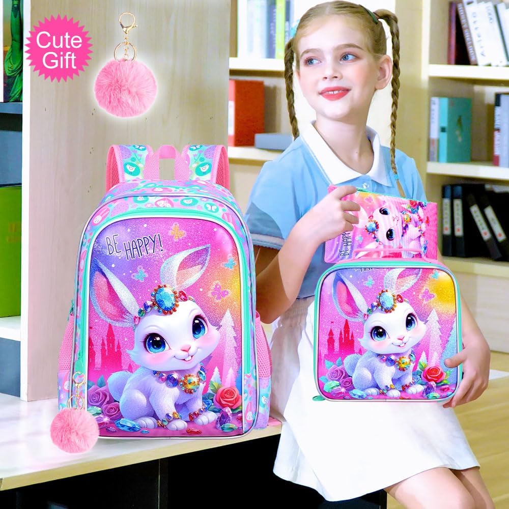 3Pcs Girls Backpack, 16" Bunny Kids Bookbag with Lunch Box，School Backpacks for Elementary