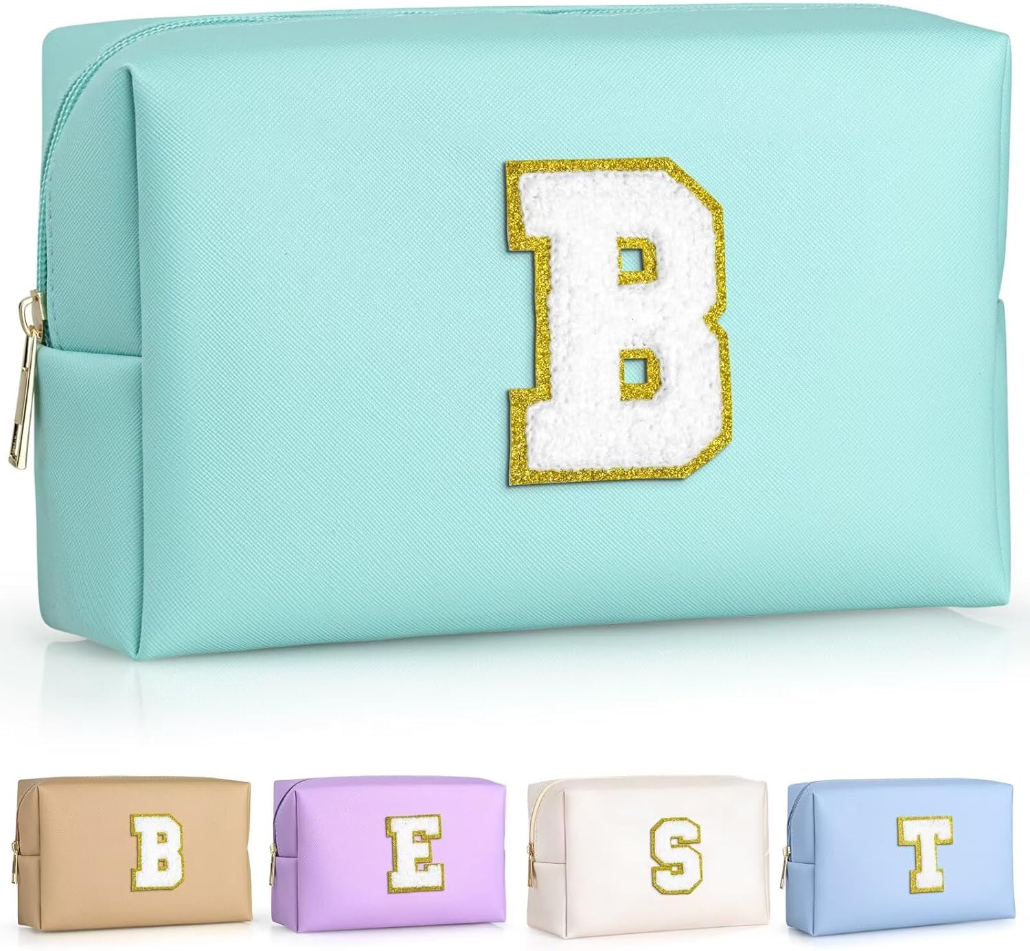 TOPEAST Preppy Patch Makeup Bag, Chenille Letter Pouch Cosmetic Bag, PU Leather Waterproof Toiletry