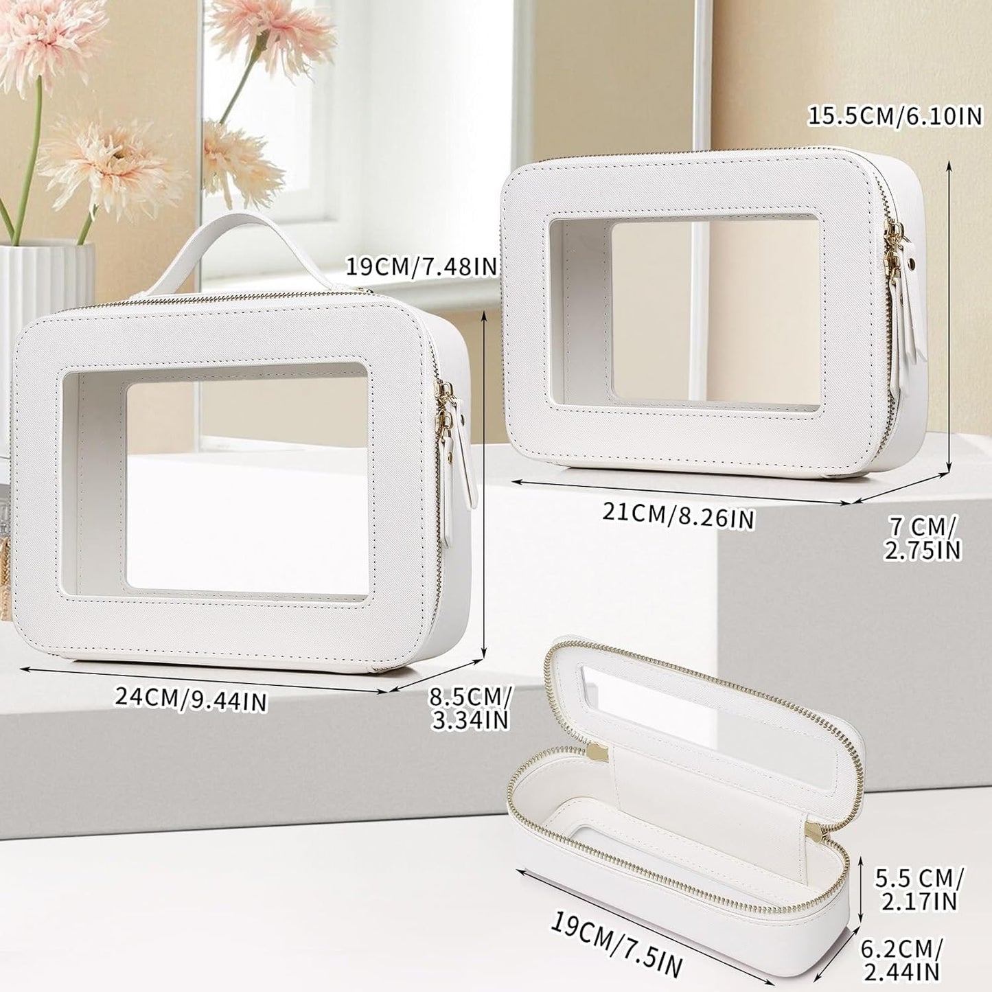 Travel Makeup Set Waterproof Transparent Cosmetic Bag and Toiletry Bag Makeup Brush case with Zipper Car Essentials for Women (White, L+M+SLIM)