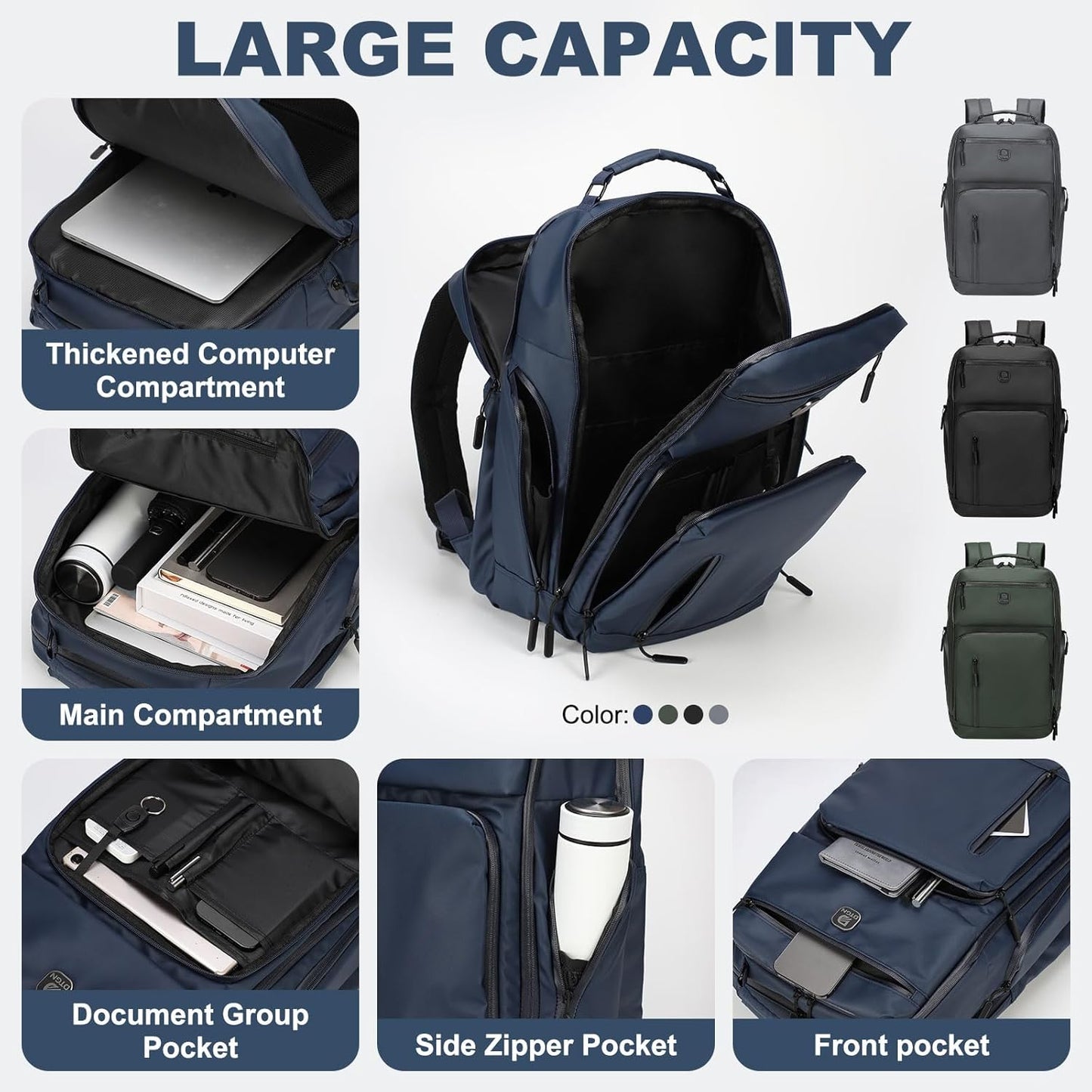 Large Capacity Water Resistant Laptop Backpack, 17 Inch Airplane Approved Durable Bag for College, Business Travel, Blue