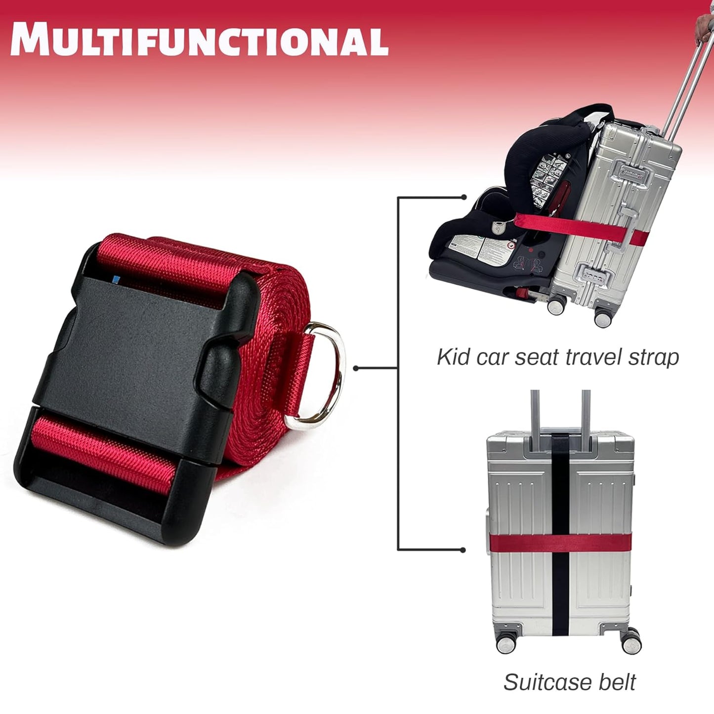 GUCHO Car Seat Belt Travel Strap，Carry-on Luggage into an Airport Car Seat Stroller & Carrier, an Useful Solution for Travel Transfer (Red)
