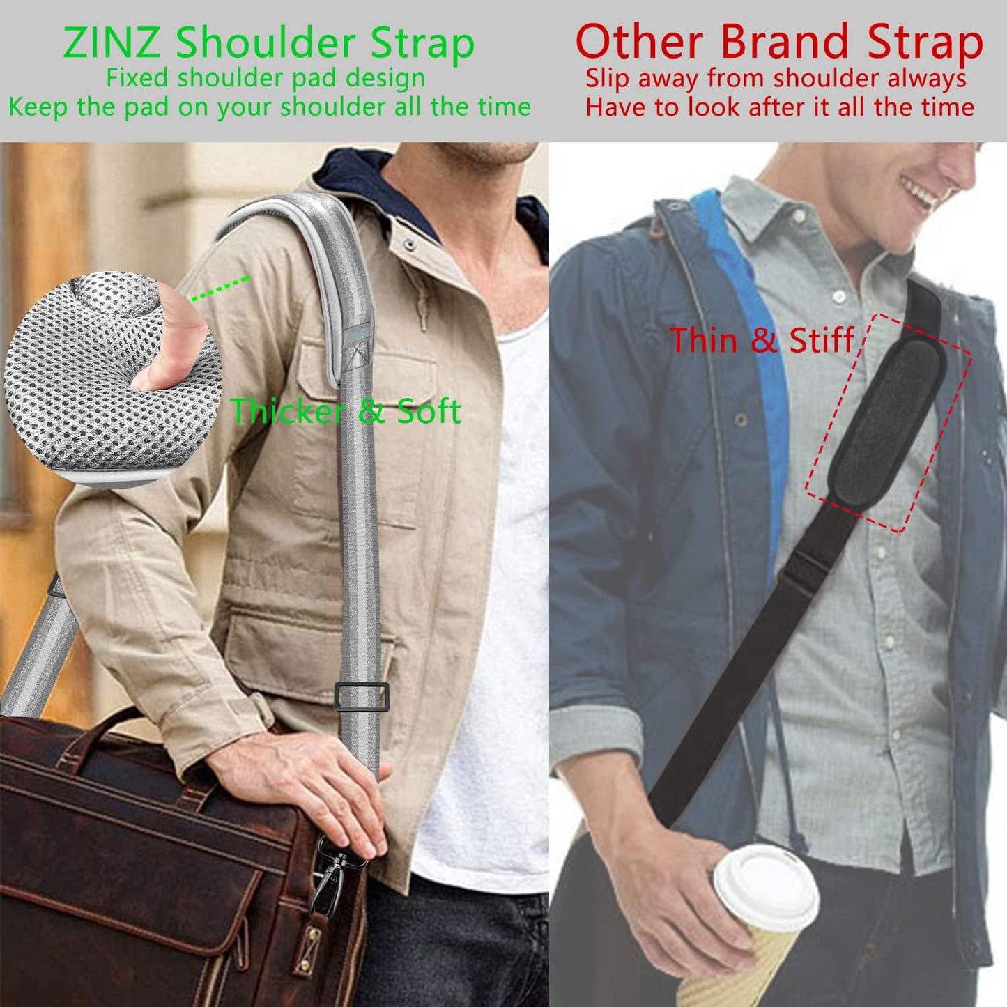 ZINZ 79 inch Shoulder Strap, Extra-thick Fixed Cushion Pad and Dual Clasps Universal Replacement Strap with Metal Swivel Hooks for Laptop Bags, Luggage Bags, Camera, Crossbody (200cm,Gray Silver)