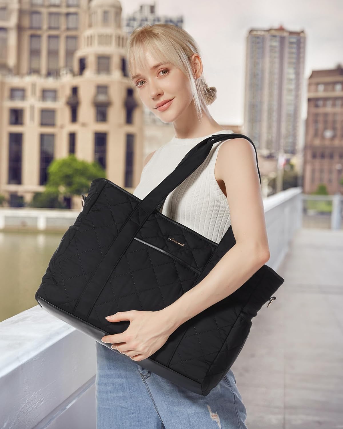 LOVEVOOK Tote Bag for Women, Puffer Work Tote Bag with Zipper, Quilted Nurse Teacher Shoulder for Daily,Travel,Gifts for Her