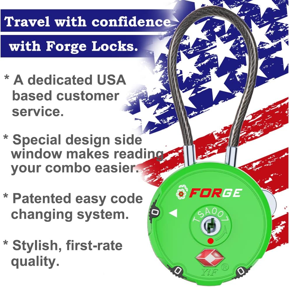 Forge Quality TSA Approved Luggage Locks for Travel Accessories, Suitcase, Pelican case, Ammo Boxes, Set Your own Combination, Zinc Alloy Body-Cable Green 2 Locks